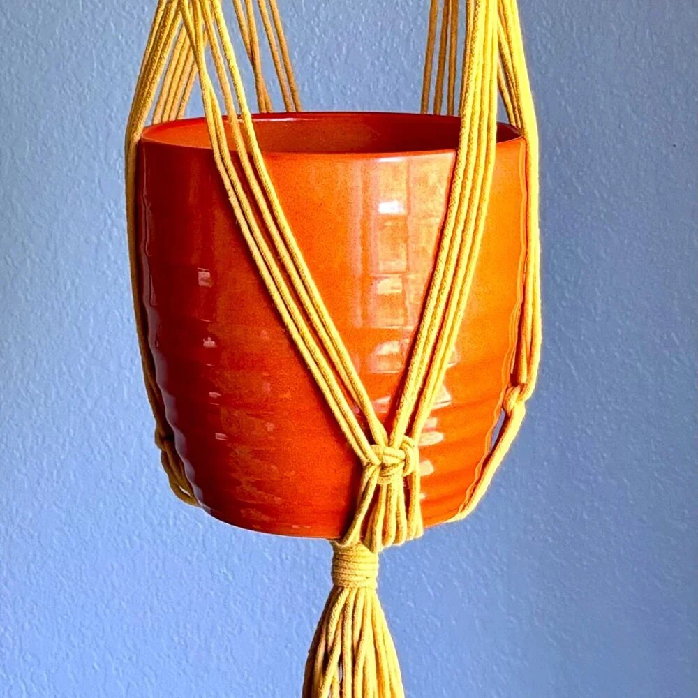 Handcrafted Artisanal Gold Mustard Macramé Plant Pot Hanger Holder Wall Hanging